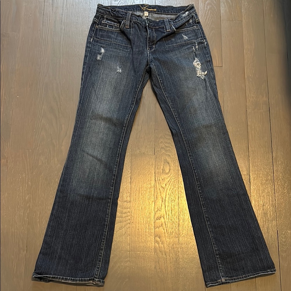 bebe Blue Flare Wide Leg Jeans with Distressed Details